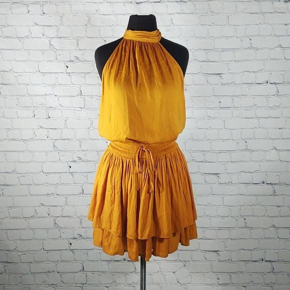 Versona Mustard Yellow Tiered Halter Dress-Size Small