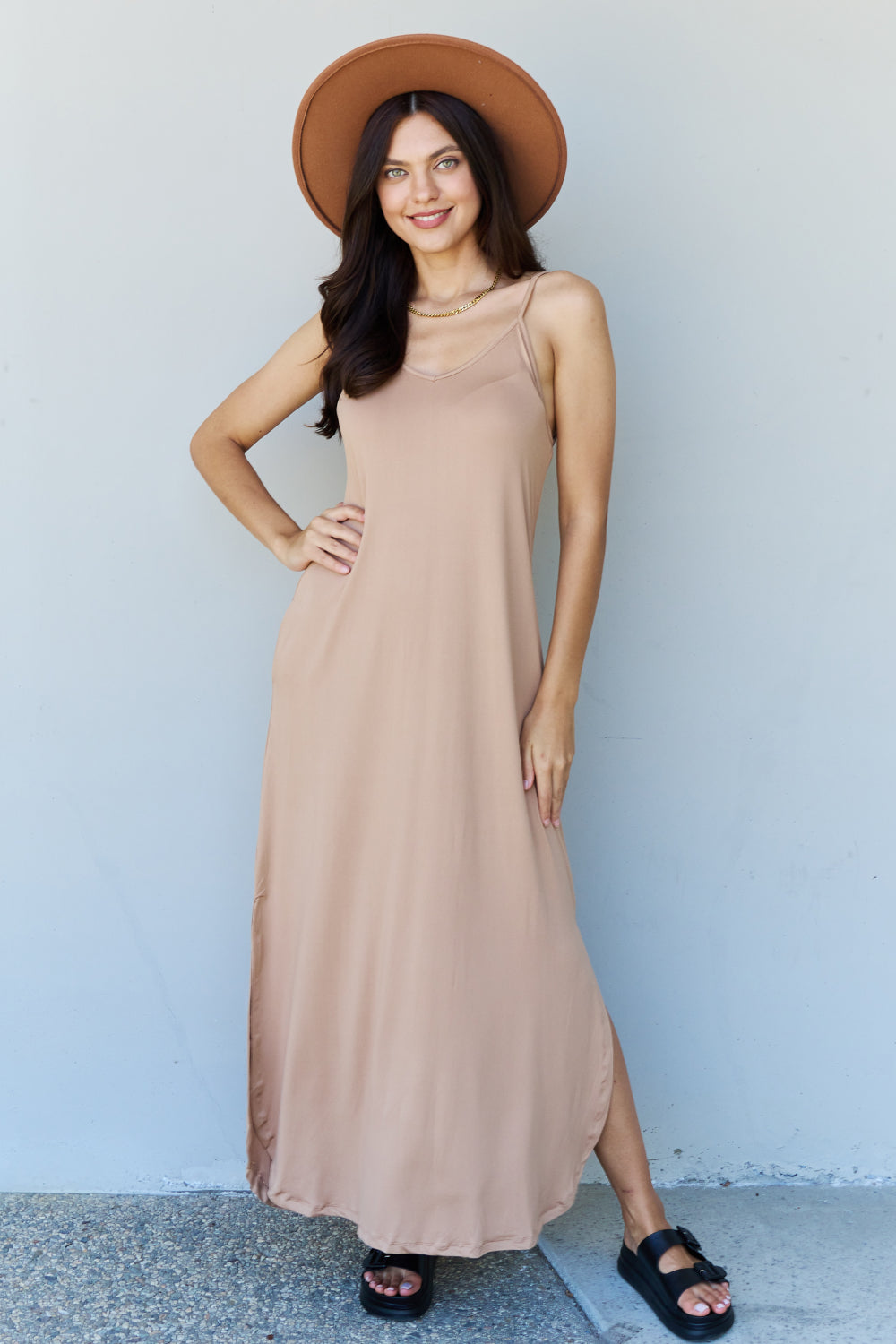 Dress - Ninexis Good Energy Side Slit Maxi Dress - Camel