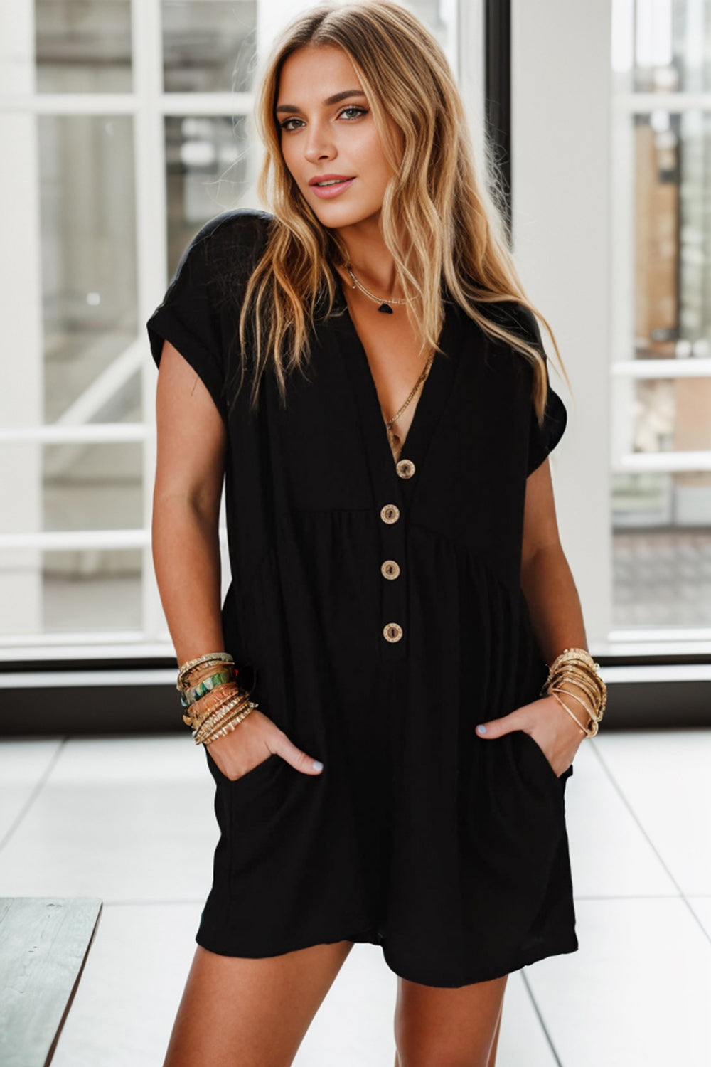 Romper - BBPro Pocketed V-Neck Short Sleeve Romper