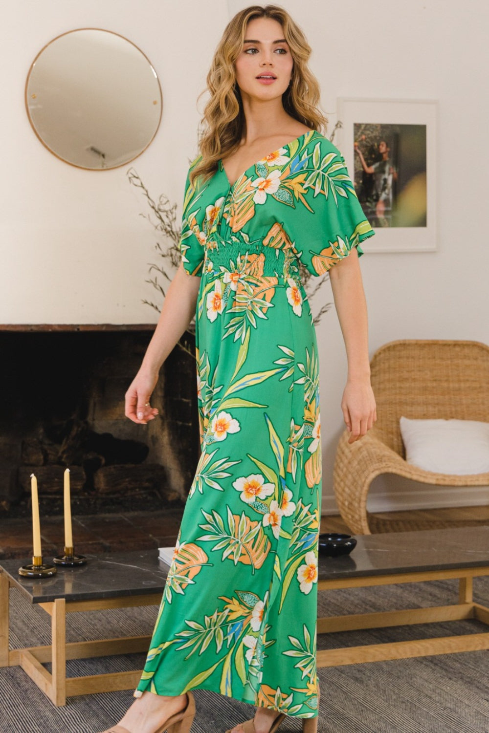 Dress - ODDI Floral Smocked Tied Back Maxi Dress