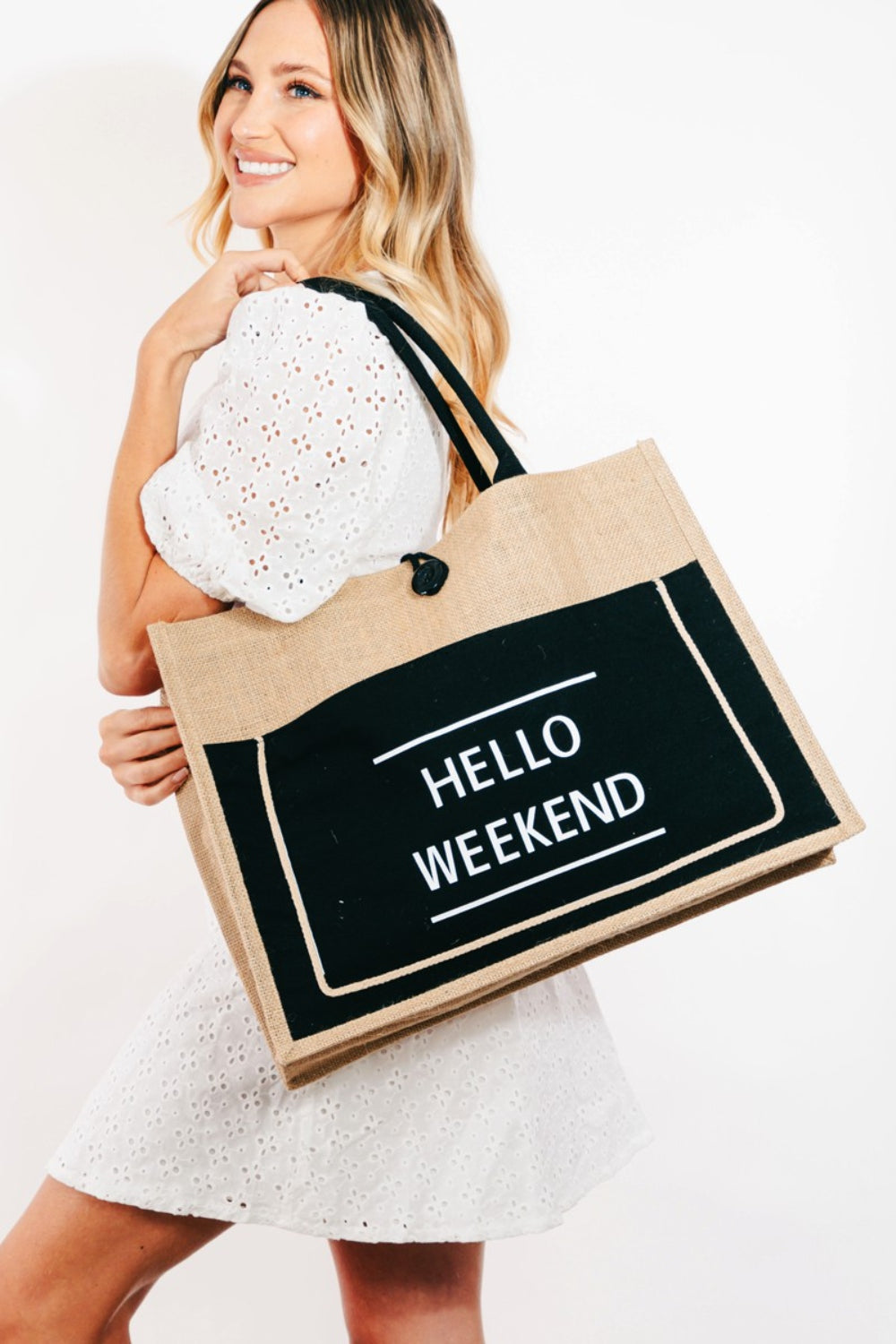Bag - Fame Hello Weekend Burlap Tote Bag