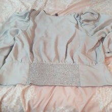 Load image into Gallery viewer, Express Solid Puff Sleeve Puritan Gray V-Neck Blouse- XL
