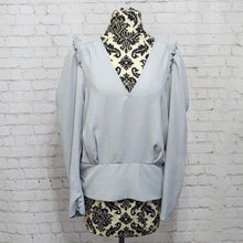 Load image into Gallery viewer, Express Solid Puff Sleeve Puritan Gray V-Neck Blouse- XL
