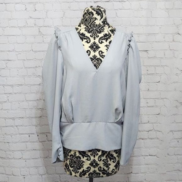 Express Solid Puff Sleeve Puritan Gray V-Neck Blouse- XL