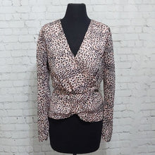 Load image into Gallery viewer, Express Leopard Pink Print Faux Wrap Peplum Blouse- L
