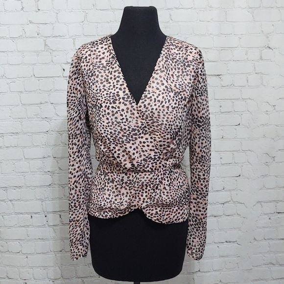 Express Leopard Pink Print Faux Wrap Peplum Blouse- L
